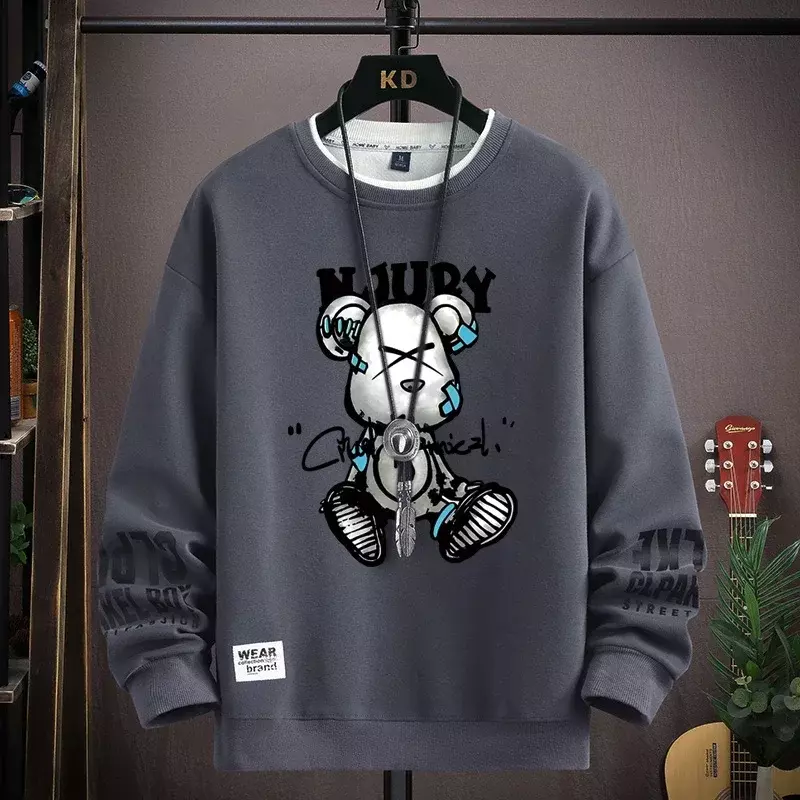 Autumn Men's Sweatshirt Cool Bear Print Long Sleeve T-shirt Fashion Men's Clothing Khaki O Neck Harajuku Exclusive Design Top