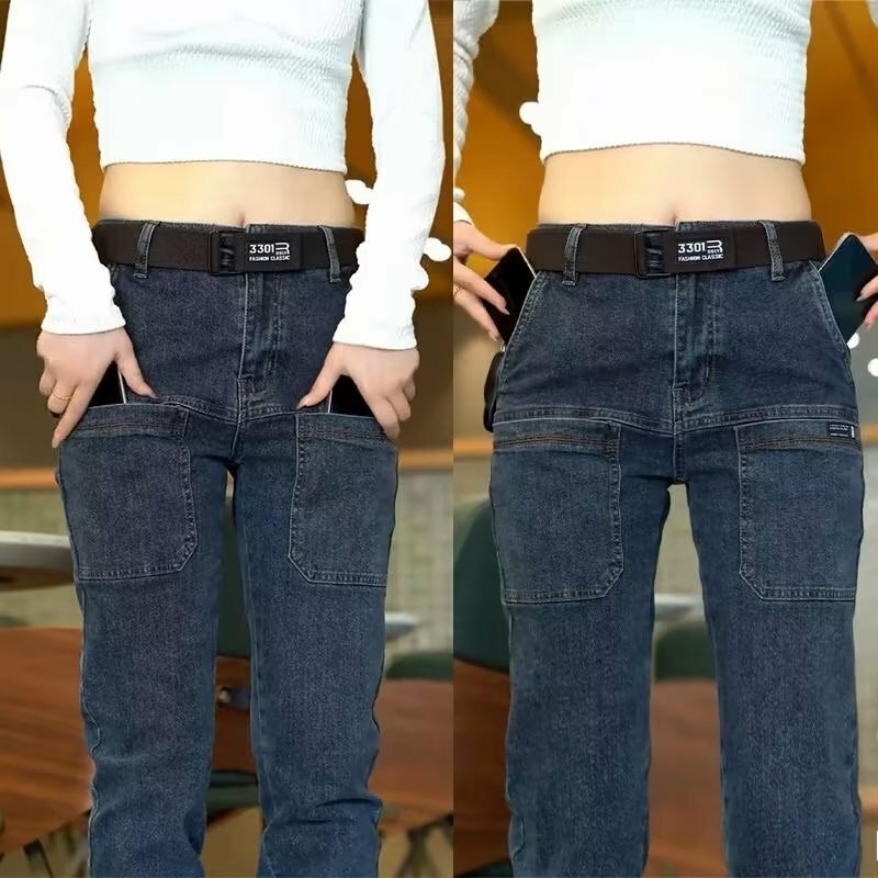 Jeans 2024 New Korean Men Skinny Jeans Y2k Vintage Blue Cargo Denim Pants Pockets Man Casual Streetwear Jeans Trousers Clothing
