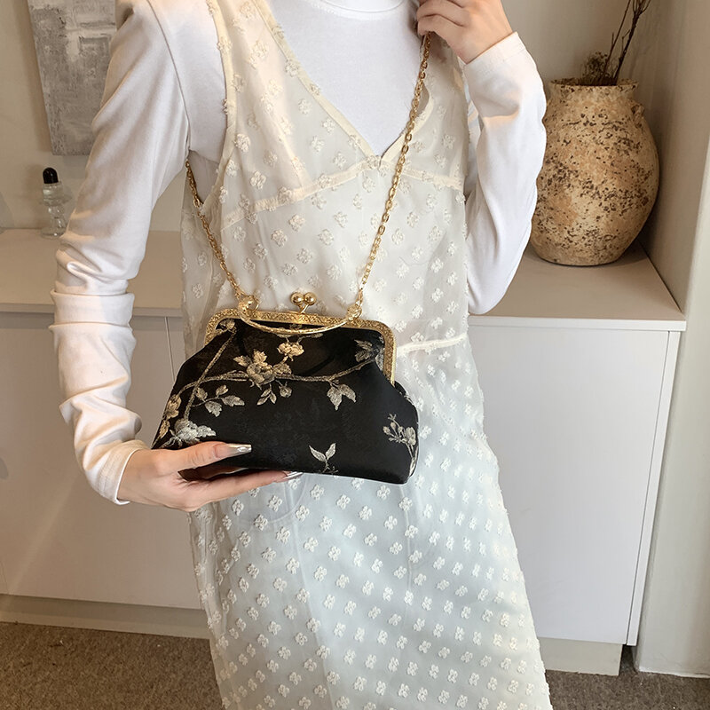 Tas bahu sutra kecil wanita, gaya China 2024 tas tangan dan dompet desainer mewah tas selempang rantai berkualitas