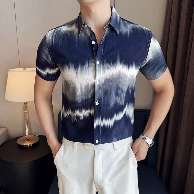 Camisa de manga corta para hombre, camisa informal ajustada con estampado de Color degradado, combina con todo, ropa de calle de verano