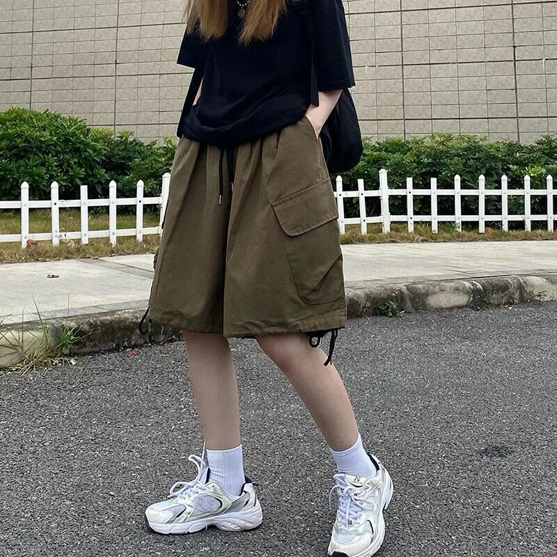 Rimocy Summer Knee Length Cargo Shorts Women 2024 Bf Harajuku Wide Leg Shorts Woman Streetwear Pockets Baggy Short Pants Female