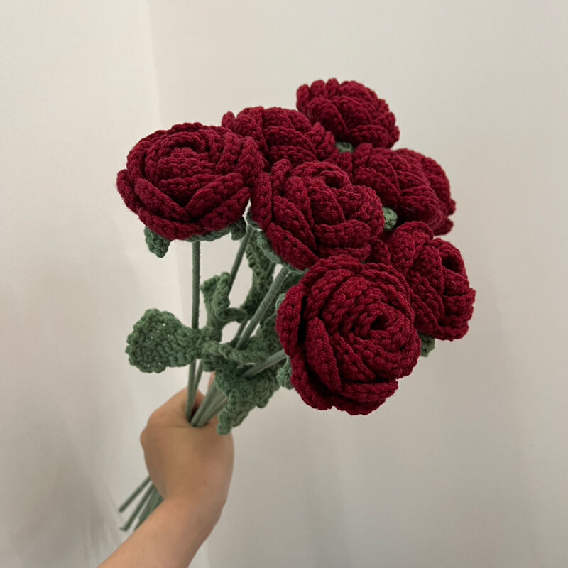 Nowy bukiet ślubny z róż sztuczny kwiat ręcznie robiony kwiat zrobiony na szydełku dziewiarski dekoracje na domowe przyjęcie walentynkowy
