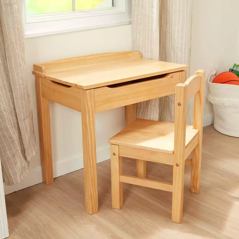 Mesa y silla de madera para niños, soporte para sentarse, color miel