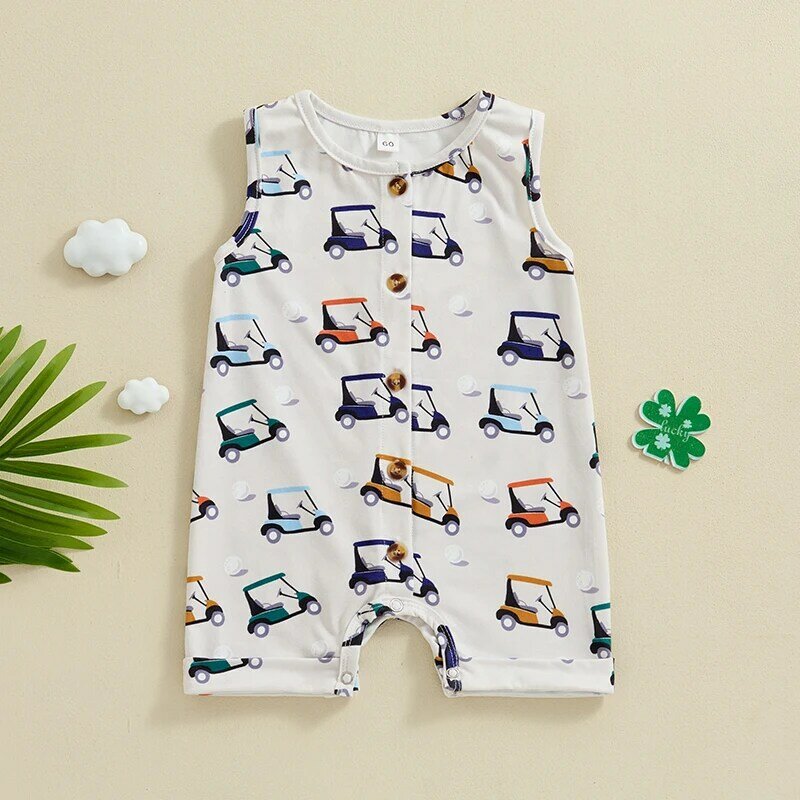 2024-04-02 Lioraitiin Baby Girls Boys Romper Golf Print Sleeveless Buttons Crew Neck Jumpsuits Summer Casual Infant Clothes