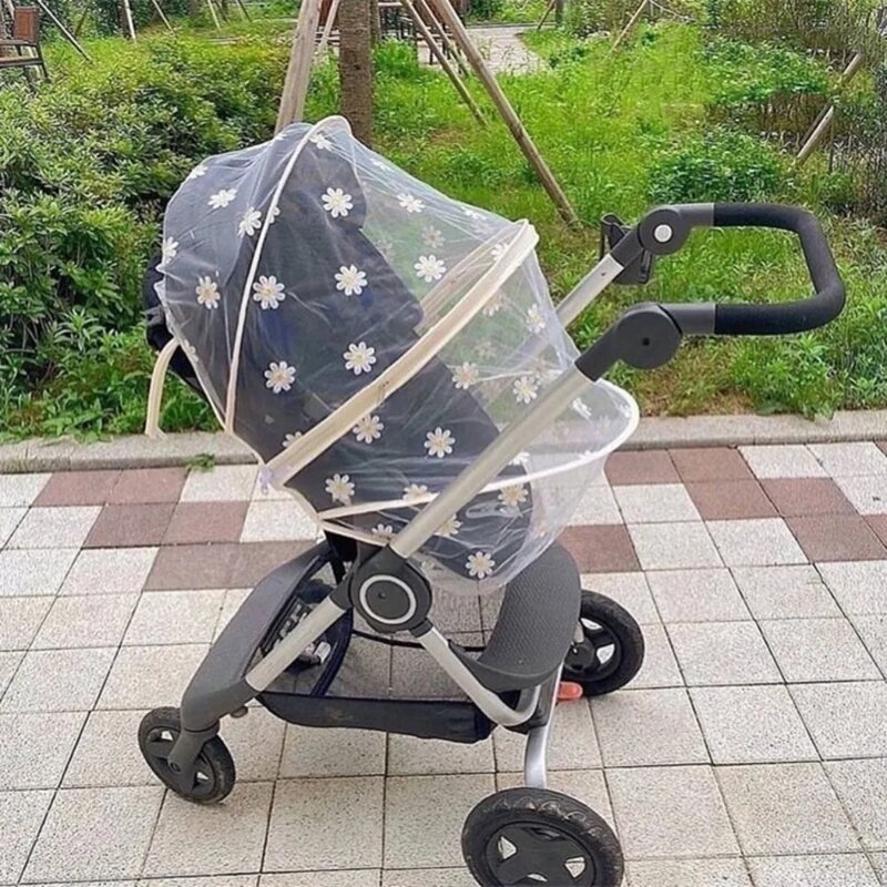 Zanzariera estiva in rete protezione per neonati ricamata a margherita copertura protettiva per passeggino traspirante