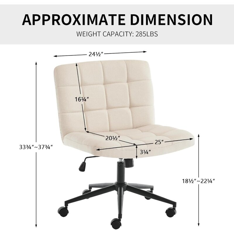 Cadeira giratória Criss Cross Legged com rodas, Home Office, Wide Armless Desk Chair, altura ajustável, assento confortável
