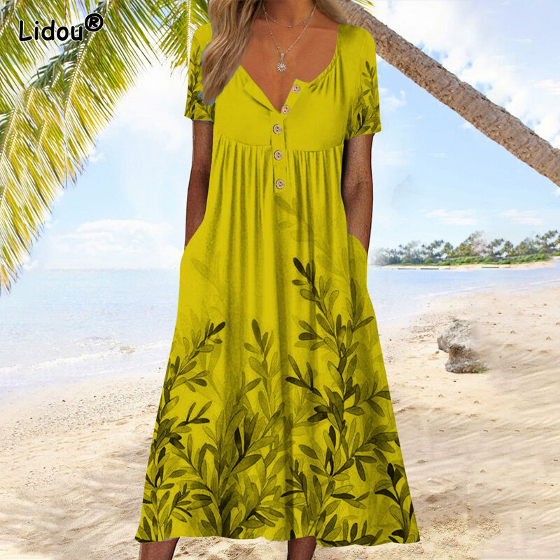 Loose Waist Casual Comfortable Elasticity Popularity Slender Summer Women's Clothing Fashion Print V-neck Button Grace Dresses