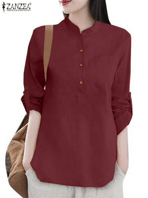 ZANZEA-Blusa de algodón de manga larga para mujer, con botones Vintage Camisa lisa, Tops de trabajo informales, Túnica suelta, Primavera