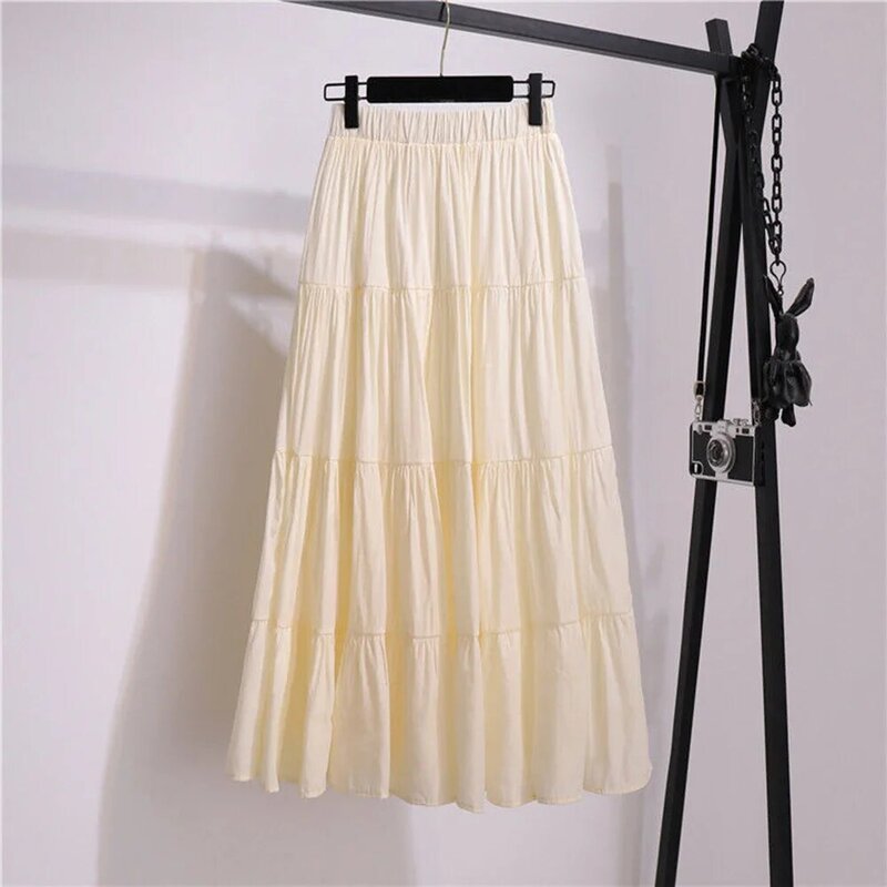 Rok panjang wanita musim semi rok Maxi Linen katun wanita musim panas rok lipit kasual warna polos A-line
