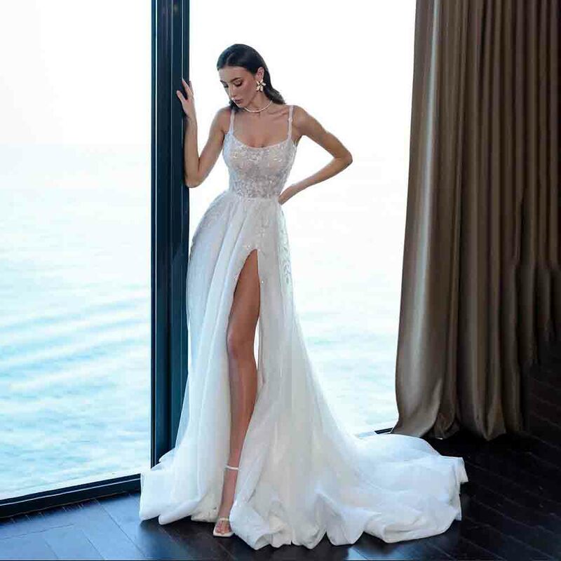 Spaghetti Straps Appliques Lace Tulle Wedding Dress for Women A-line Court Bridal Prty Gown with Side Slit vestidos de novia