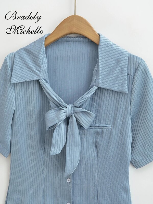 Top corto a rayas de manga corta para mujer, Top de una sola botonadura, camisa de fondo, blusas ajustadas con cuello vuelto