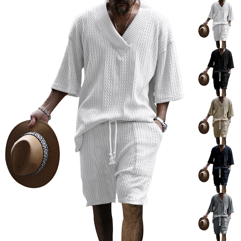 New Summer Men's Set Loose Casual Sports Suit High-quality Cotton Jacquard V-neck Short-sleeved Shorts Two-piece Men's Clothing