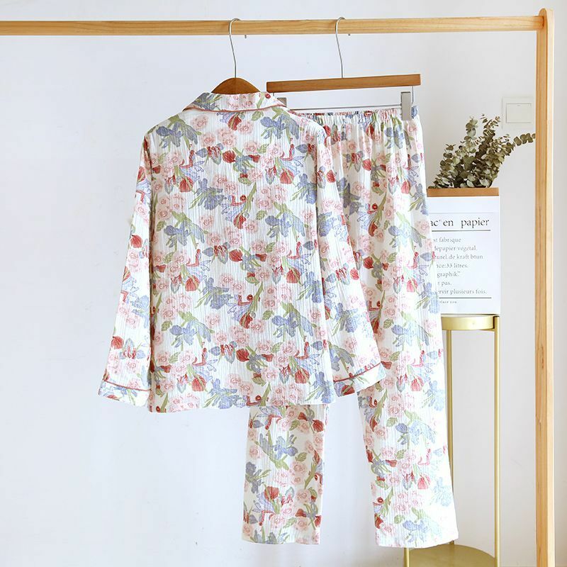 Fashion Printed Pajamas Spring Women's Pure Cotton Gauze Thin Long Sleeved Cardigan Large Size Homewear Leisure Sleepwear Set
