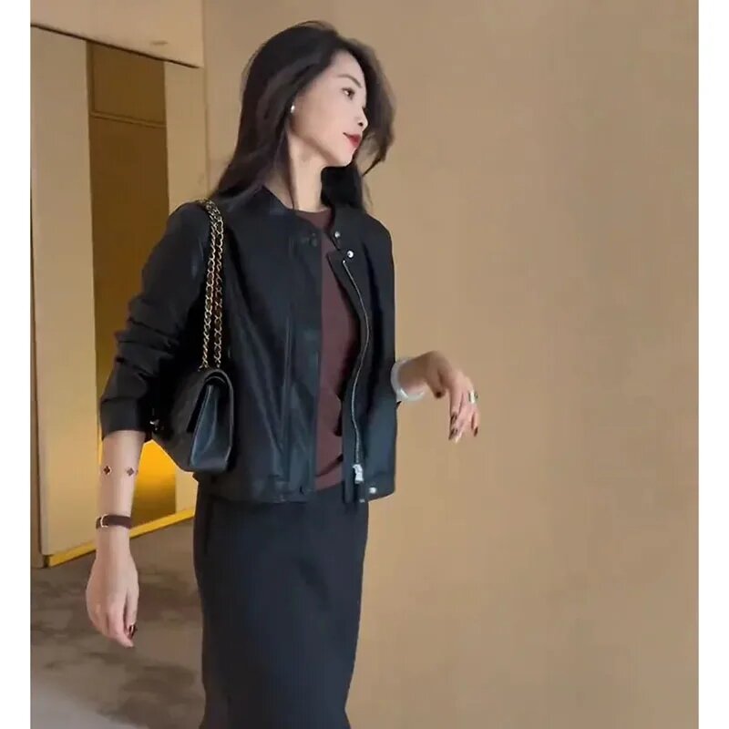 한국 여성 PU 가죽 재킷, 짧은 루즈 캐주얼 여성 블랙 인조 가죽 외투, 숙녀 오버코트, 2024 용수철 가을 신상