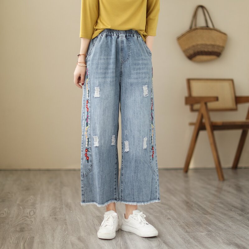 Calças rasgadas bordado flor Aricaca para mulheres, calças jeans perna larga, M-2XL