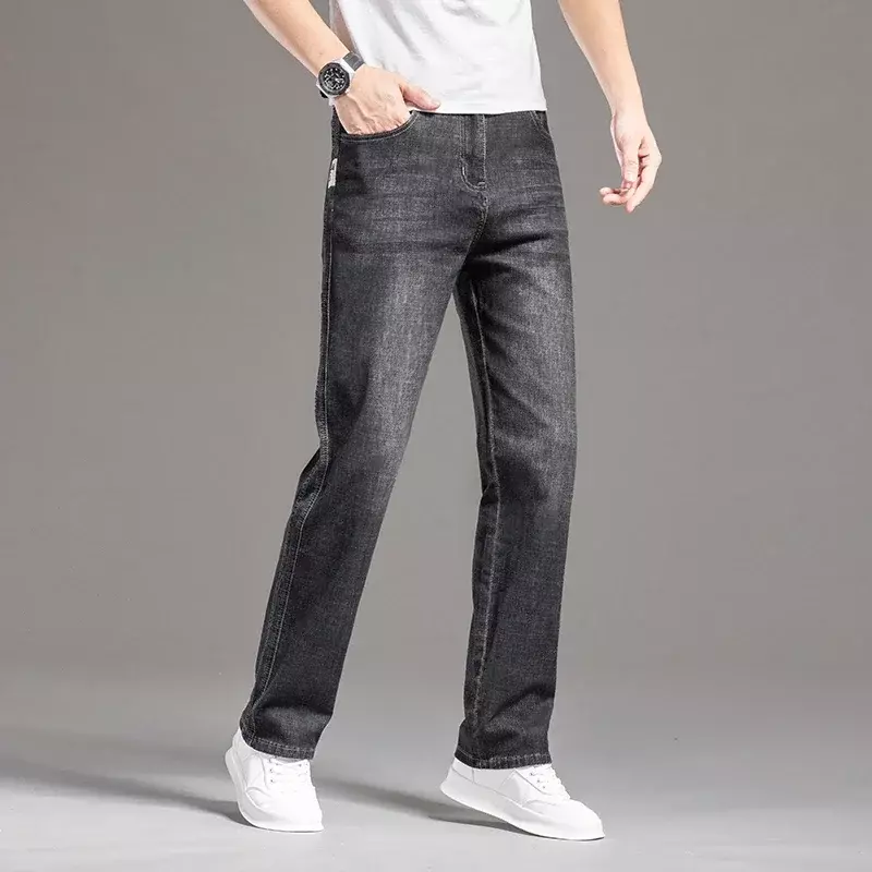 Wiosenne i letnie cienkie klasyczne męskie markowe dżinsy biznesowe na co dzień rozciągliwe dopasowanie spodnie dżinsowe niebieskie czarne spodnie spodnie męskie
