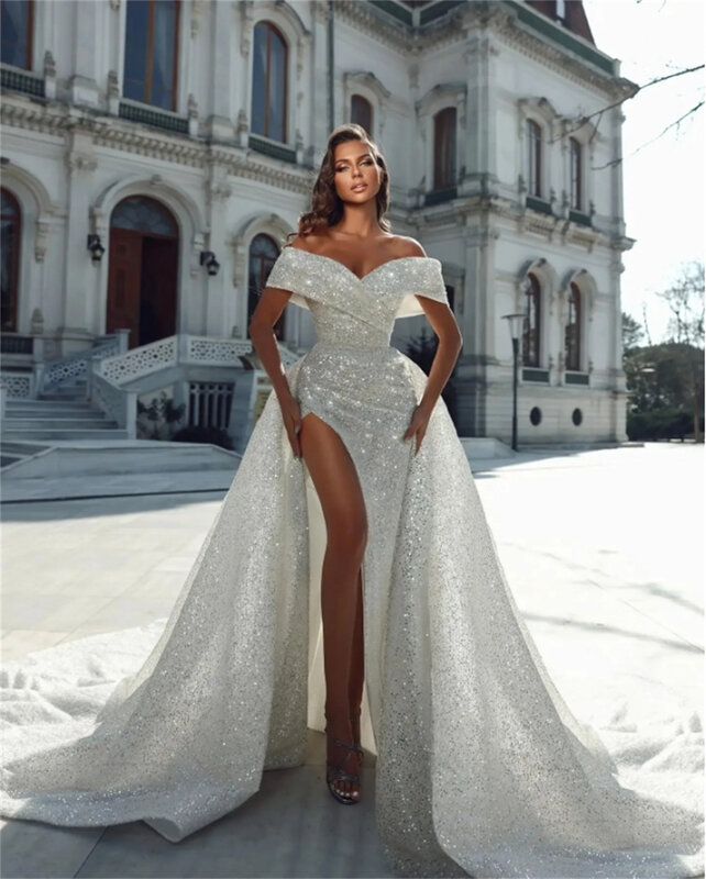 Luksusowa suknia ślubna dla kobiet błyszczące cekiny dekolt w szpic w kształcie litery A, elegancka suknia ślubna z wysokim rozcięciem w kształcie litery 2024