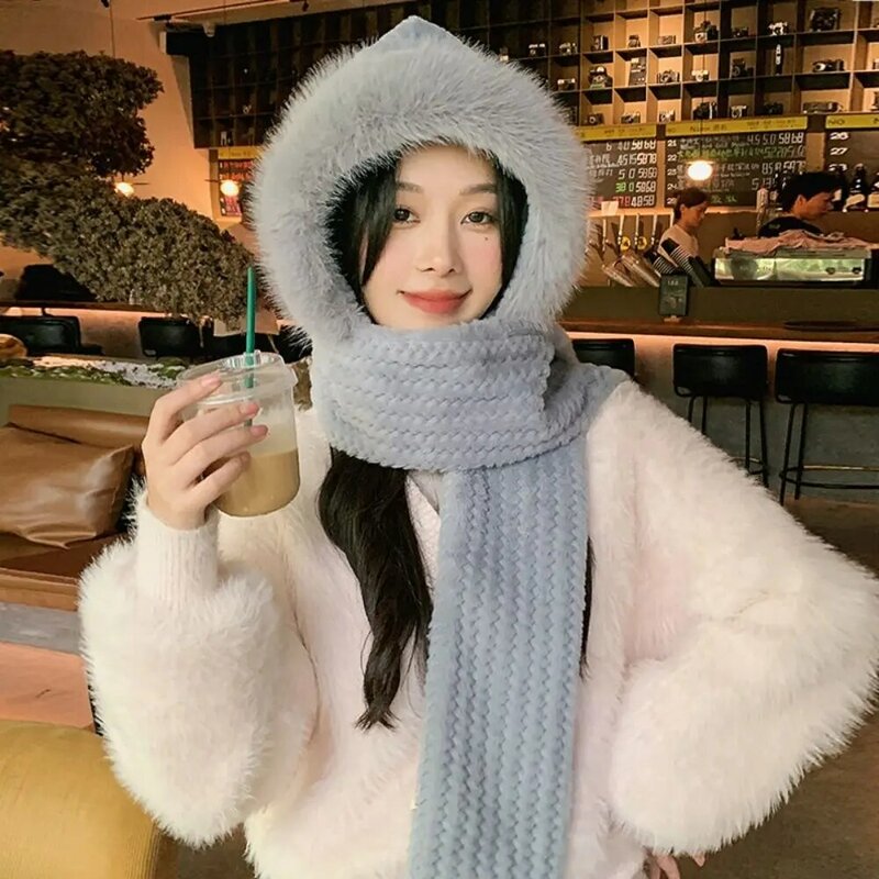 Thickened Warm Women Plush Hat Soft Ear Scarf One Piece Hooded Warm Ear Hats Windproof Knitted Scarf Hat Cycling Skiing