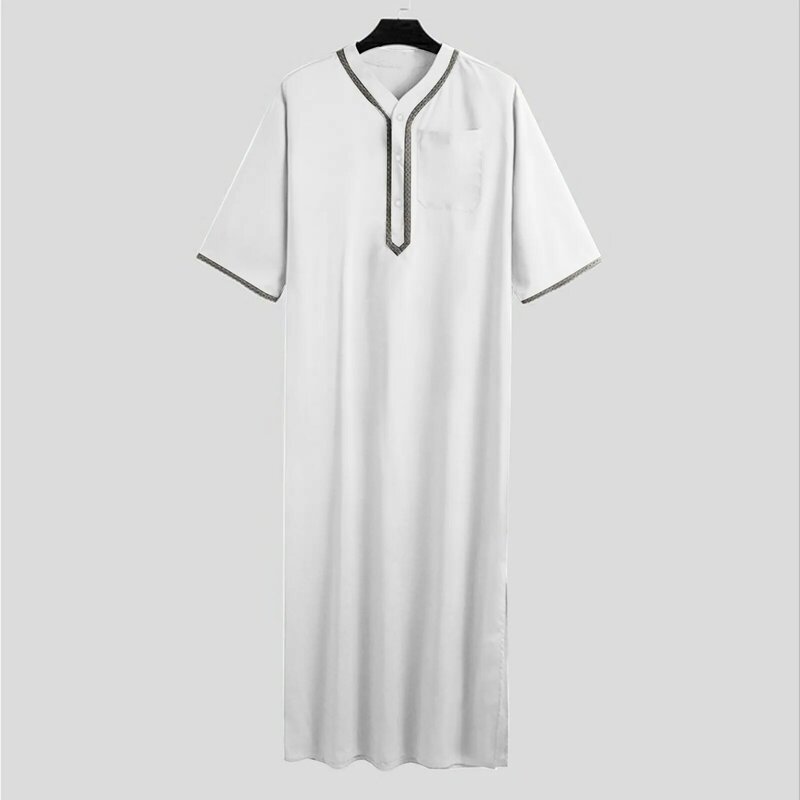 Men Robes Vintage Half Sleeve Muslim Kaftan Leisure V Neck Printed Jubba Thobe Solid Color Arabic Saudi Eid Clothes
