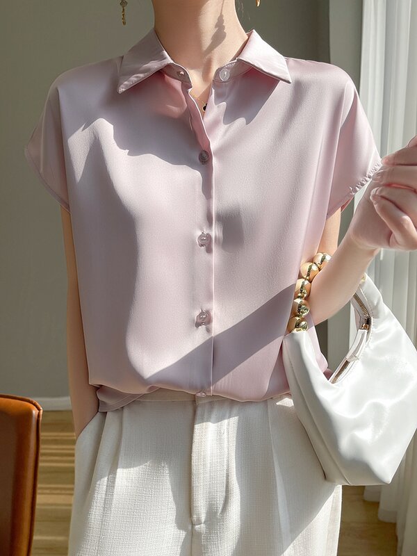 Oversize New Arrival bluzki z krótkimi rękawami jedwabista satynowa powierzchnia damska koszule na co dzień Top solidne odzież dla kobiet trendy w modzie
