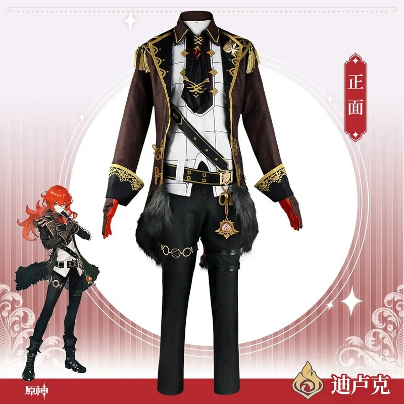 GenshinImpact Diluc Cosplay Costume pour Homme, Uniforme, Chaussures, Perruque, Anime Diluk Ragnvindr Cosplay Costume, Halloween Game