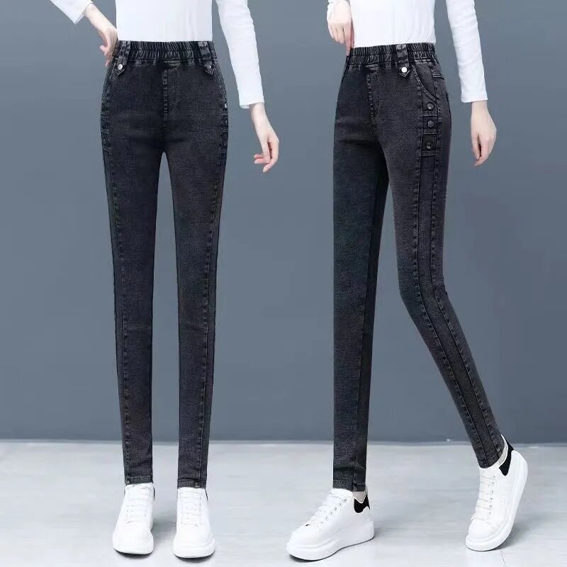 Calça jeans de cintura alta de pelúcia feminina, fina, elástica, quente, grossa, jeans casual, primavera, outono, nova, 2022