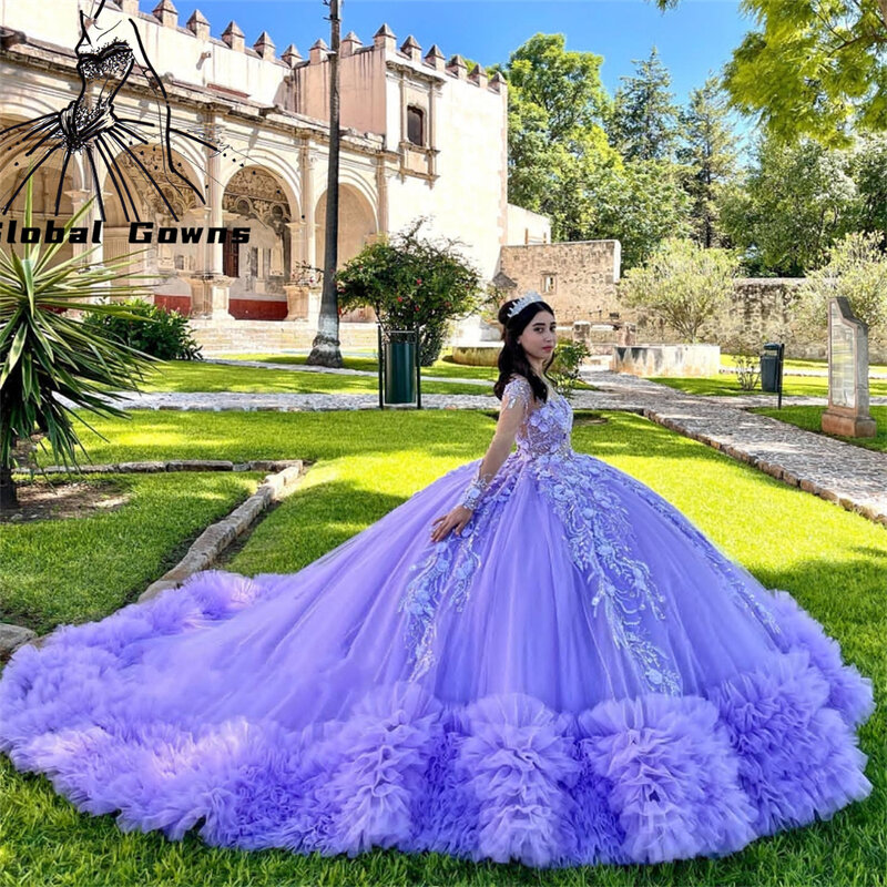 Robe de RhQuinceanera chérie violette, appliques perlées, robe de fête d'anniversaire, quelles que soient les fleurs 3D, volants doux, 16, 15