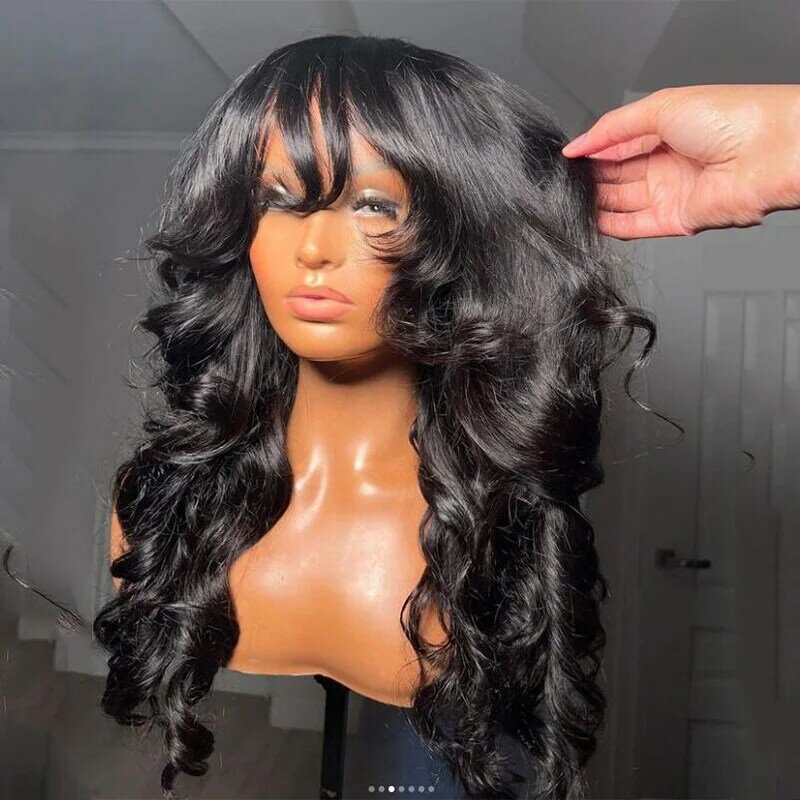 Natural Black Soft 180Density 26  inch Long Natural Wave Machine With Bangs For Women Preplucked Heat Resistant Glueless Daily