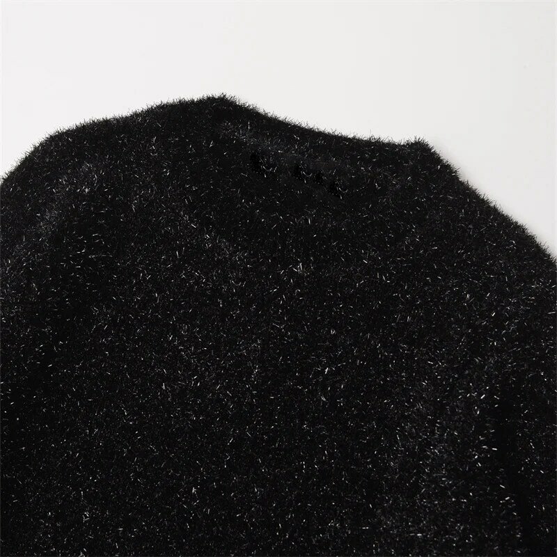 KEYANKETIAN 2024 nuovo lancio maglione di seta brillante da donna elegante Chic primavera o-collo manica lunga Slim Pullover lavorato a maglia nero