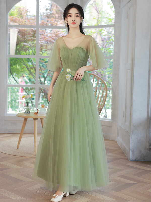 Green Bridesmaid Dress 2023 Summer Korean A-Line Tulle Long Outdoor Activities Banquet Gowns Slim Fit Wedding Evening Dresses