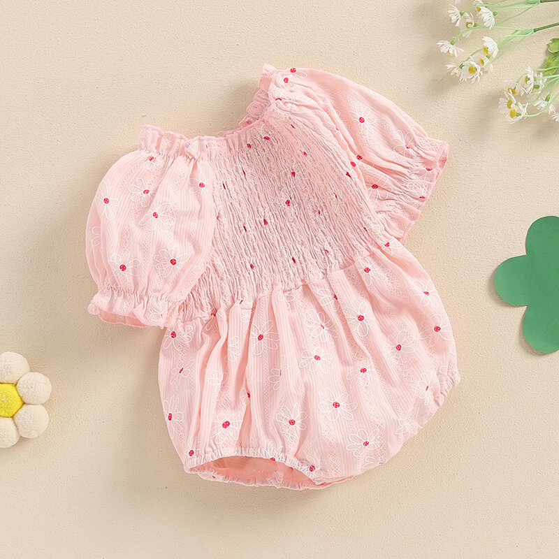 2024-03-18 Lioraitiin Lovely Baby Girl Romper Casual Short Puff Sleeve Floral Print Smocked Bodysuit Newborn Pleated Playsuit