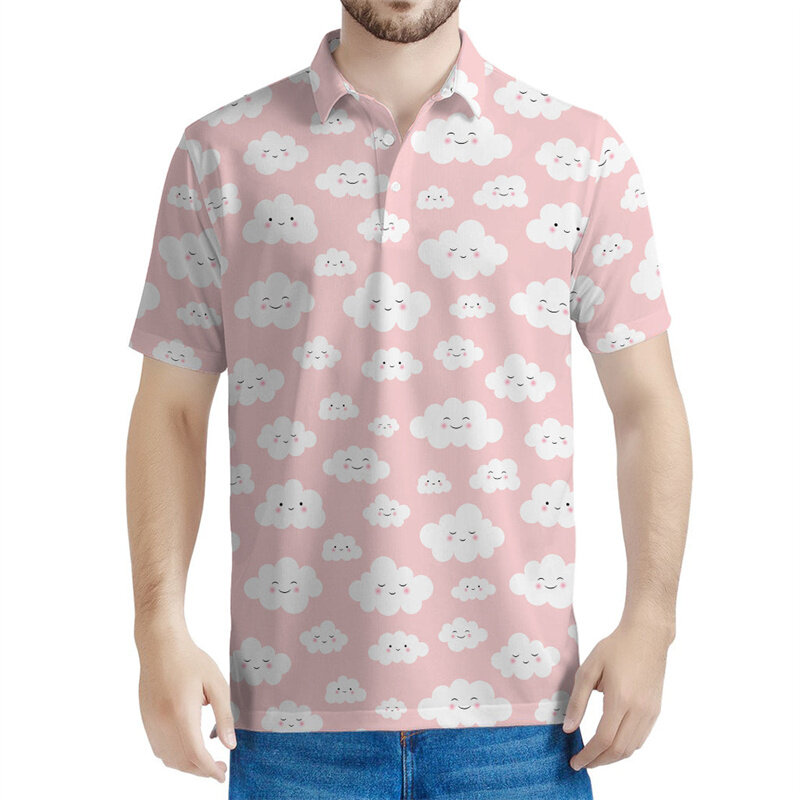 Рубашка-поло с 3D-принтом облаков для мужчин и детей, крутая Повседневная футболка с графическими пуговицами и короткими рукавами, с лацканами, летняя уличная одежда