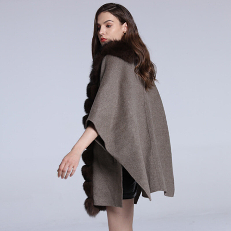 Женское длинное пальто-накидка из лисьего меха, осенне-зимнее теплое тканевое пальто