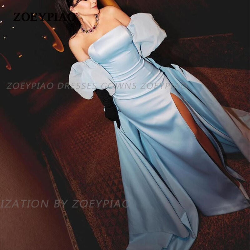 Женское атласное платье с коротким рукавом, небесно-голубое длинное вечернее платье с разрезом сбоку, а-силуэт, без бретелек, платье для выпускного вечера