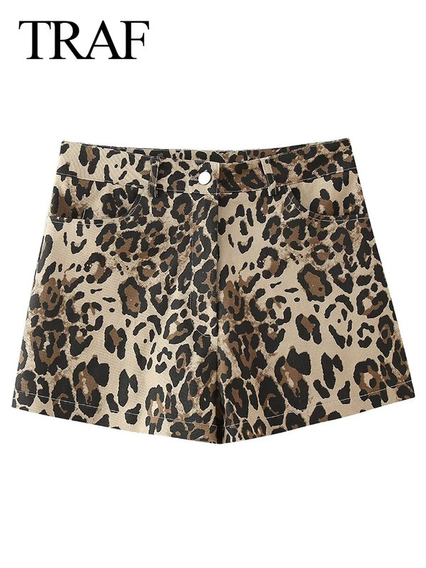 Женские короткие леопардовые шорты TRAF, летние прямые Изношенные брюки с высокой талией, уличная одежда, винтажные шорты А-силуэта с широкими штанинами, 2024