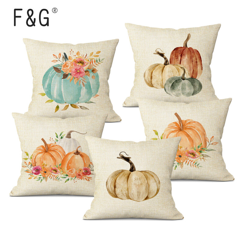 Autumn Pumpkin Cushion Cover Harvest of Pumpkins Oil Painting Decorative Pillowcase Linen Pillow Cover for Home Sofa Decor