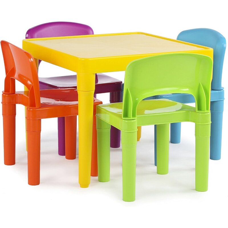 Mesa amarela de plástico Humble Crew para crianças, cadeiras vibrantes, 1 quadrado, 4 cadeiras