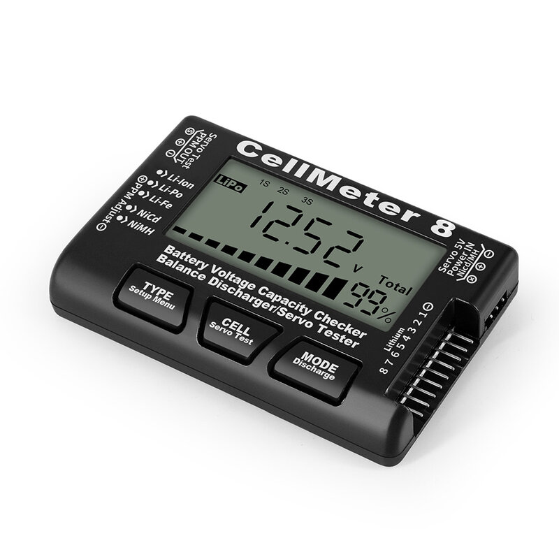 CellMeter8 probador de capacidad de batería, pantalla Digital LCD, Compatible con baterías LiPo/Li lon/Li Fe y NiCd/NiMH