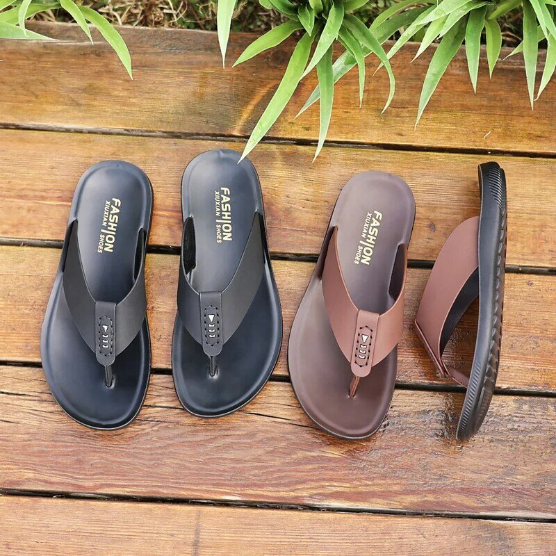 Chinelos leves de couro PU masculino, chinelos domésticos, sapatos de verão, sandálias de praia confortáveis, moda ao ar livre