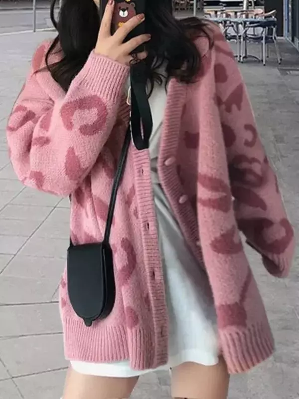 Frauen lässige Pullover koreanische Mode Frühling rosa Leopard V-Ausschnitt Langarm Cardigans lose Mantel Pull Vetement Femme Sueter