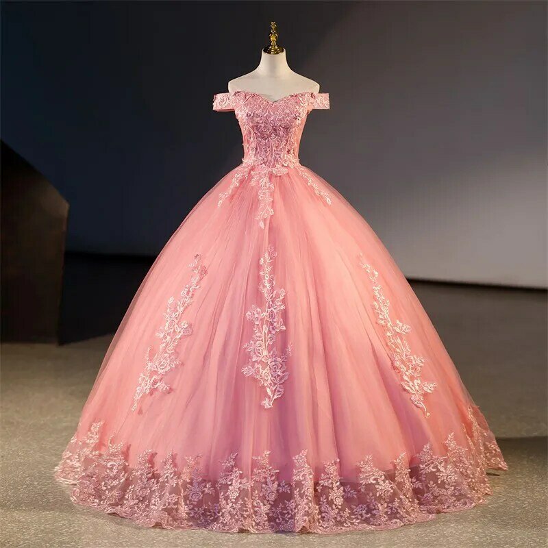 Gaun pesta bahu terbuka elegan gaun dansa bunga manis gaun pesta dansa klasik renda musim panas merah muda baru