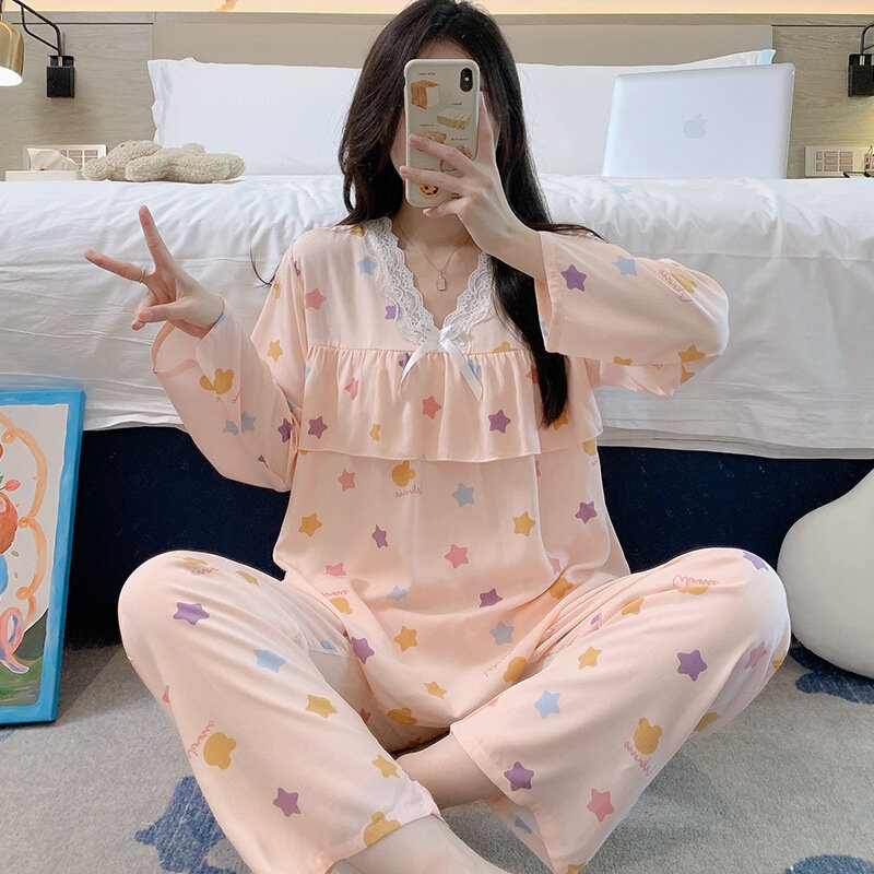 Long Sleeve Pant Two-piece Suit Spring Thin Pajamas V-Neck Lace Cotton Silk Nightgown Sweet Print Home Fury Clothing for Women