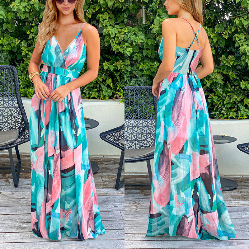 Arrival  Summer Women's Sling Floral Long Dresses  Boho V-Neck Sleeveless  Party Beach Floarl Print  Maxi Dress Casual Sundress