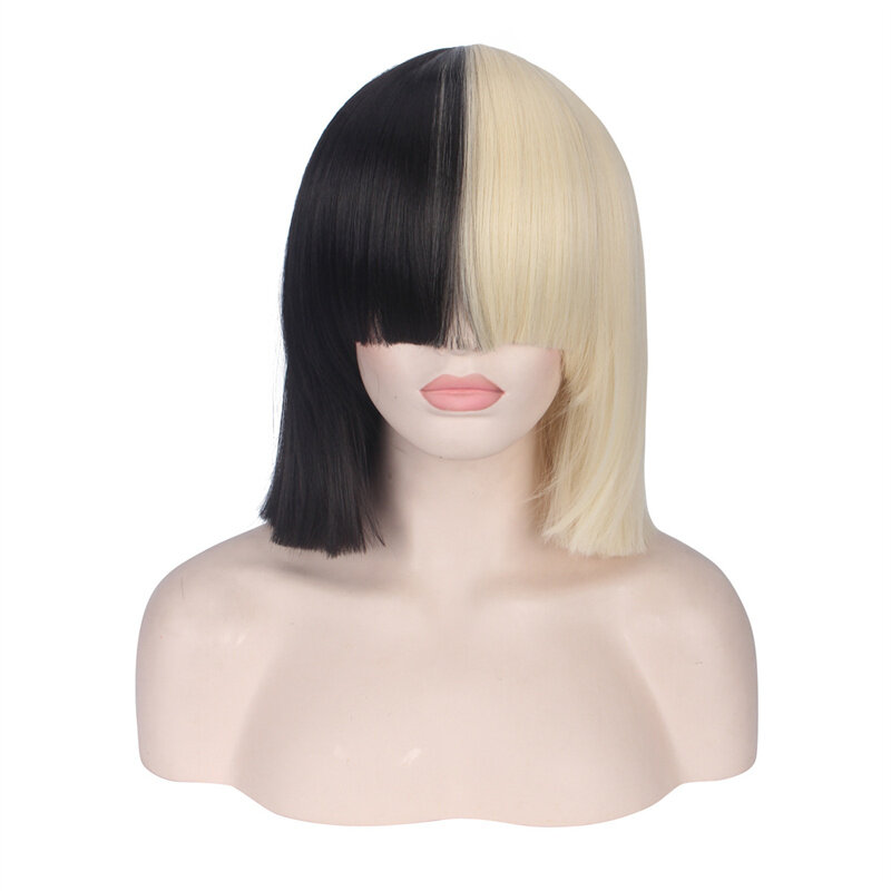 35CM Black Blonde Neat Bangs Bob Wig Color Mixed Female Party Cosplay Costume  Wigs Hair for Singer Star This is Acting