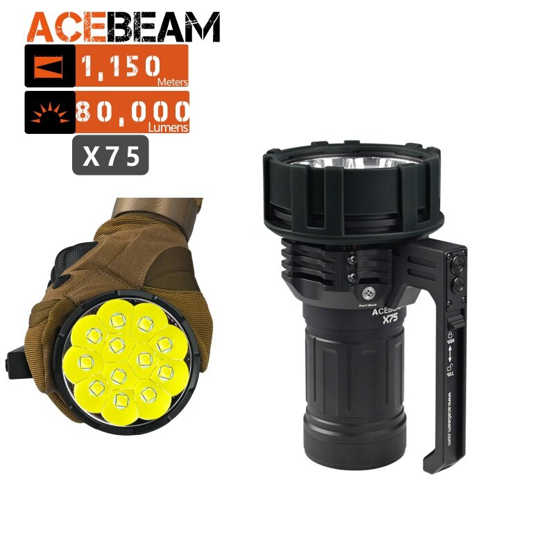 Acebeam x75 max 80,000 alta lumens mais brilhante lanterna, usb pd power bank lanterna com 1150 metros feixe lance