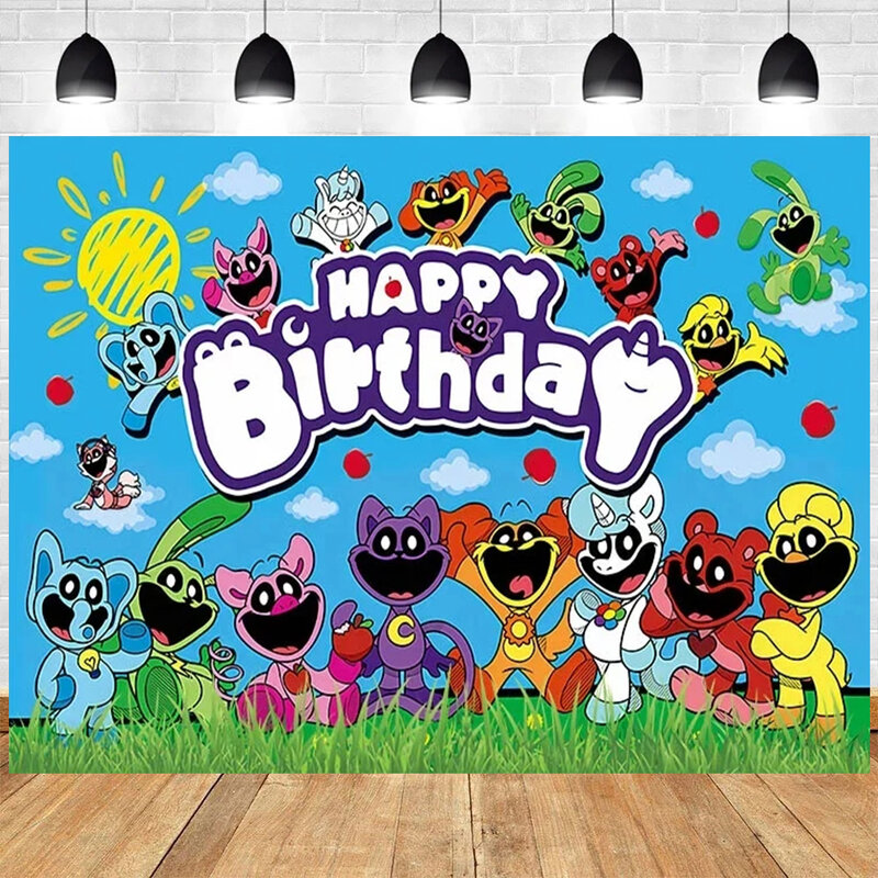 Ensemble de décoration de fête d'anniversaire à thème créatures souriantes, ballons, bannière, garniture de gâteau, fournitures de fond pour enfants, baby shower
