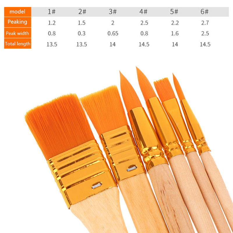 6Pieces Portable Watercolor Brushes Wooden Handle Watercolor Paint Brush Pen Set For Learning Diy Oil Acrylic Painting Tools