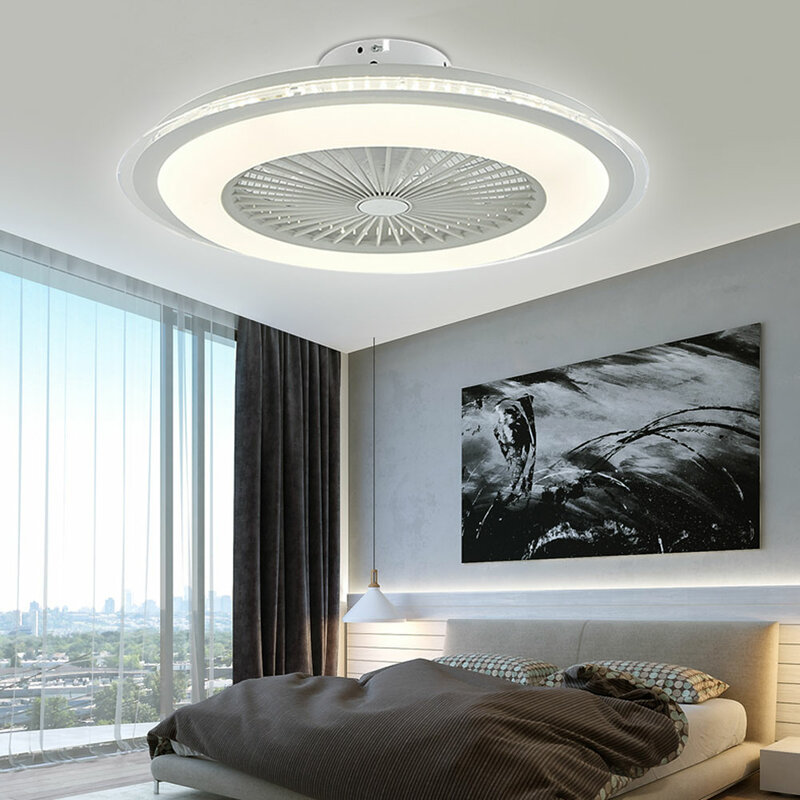 Moderno LED ventilador de teto com luz Kit, controle remoto, montagem Semi Flush, lâminas acrílicas invisíveis, ventilador silencioso, 23 Polegada