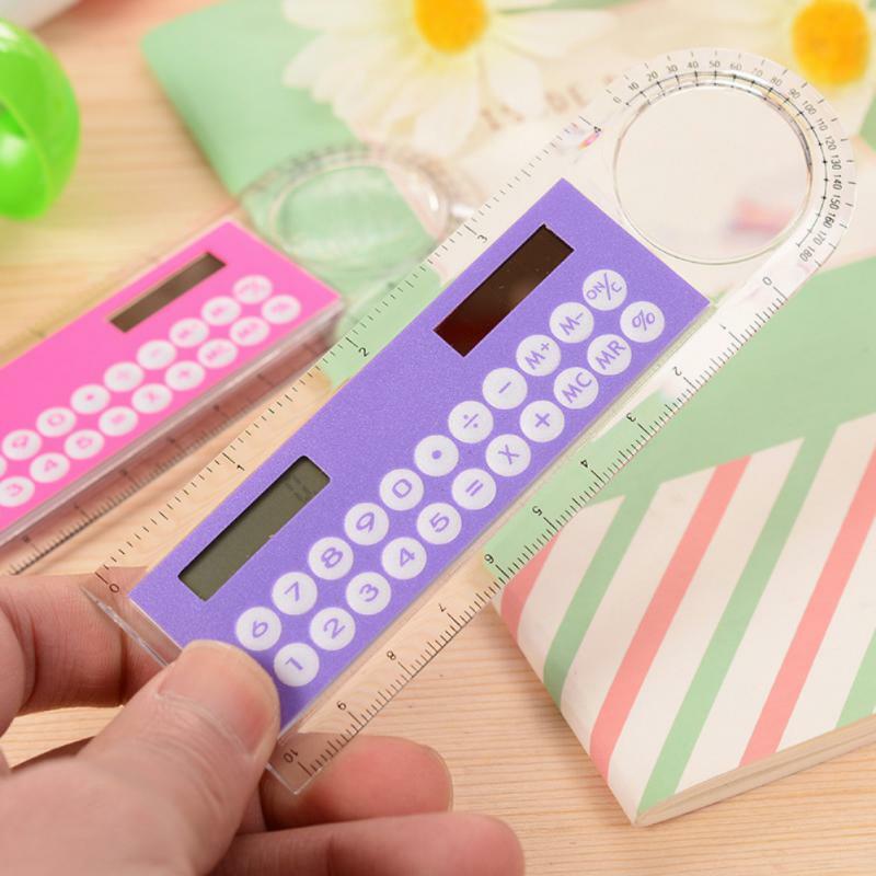 1~10PCS Hot Sale Mini Ultra-thin Straight Ruler with Solar Calculator Magnifier Multifunction Calculator 10cm School Office