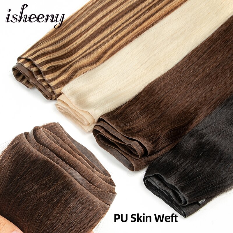 Isheeny Platte Inslag Human Hair Extensions Onzichtbare Pu Injecteert Haarbundels Natuurlijke Blonde Micro Hair No Tape Lijm 80-100G 120Cm